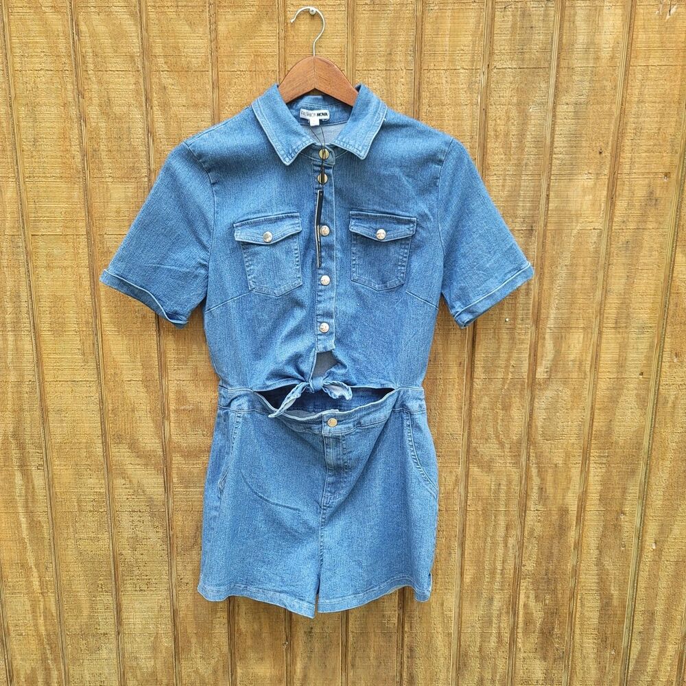 Fashion Nova NWT Demi Denim Romper Womens Size L